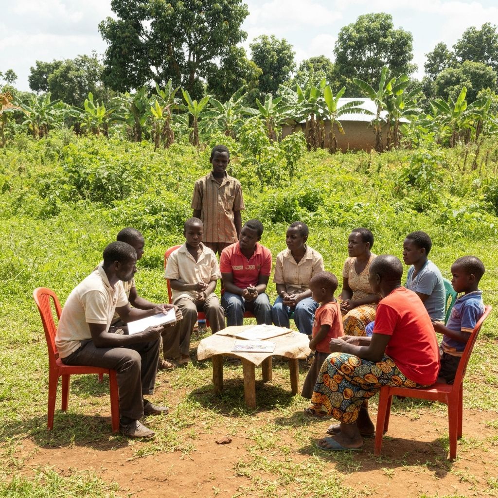 Community education session with children and adults learning together in an outdoor classroom setting in Tanzania